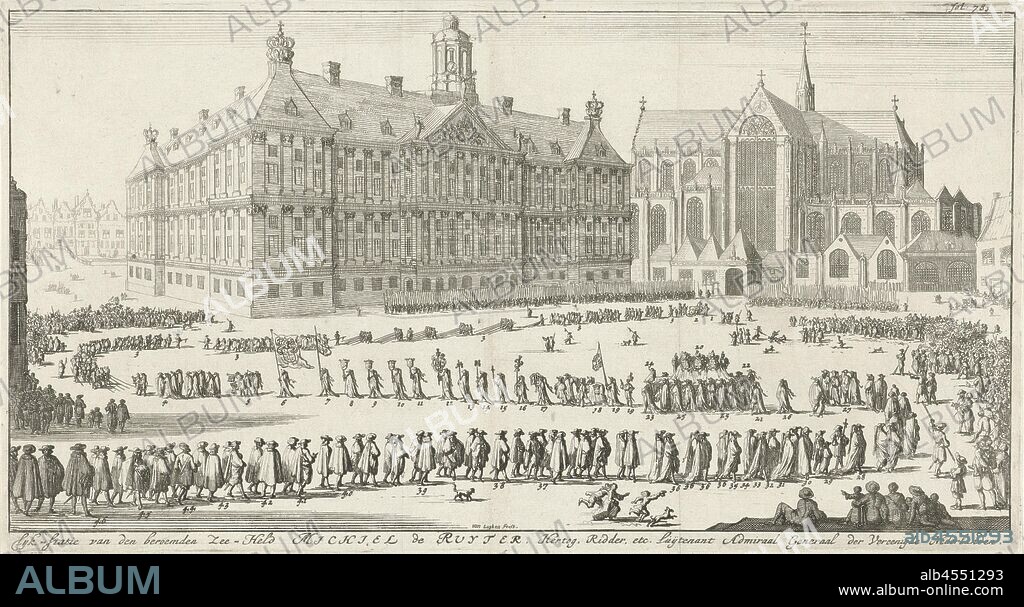 Funeral procession of Michiel de Ruyter, 1677 Lyk-station of the famous Sea Hero Michiel de Ruyter, Duke, Knight etc. Luijtenant Admiral General of the United Netherlands (title on object) The funeral procession of Michiel de Ruyter in Amsterdam on March 18, 1677. The procession goes over the Dam along the town hall to the Nieuwe Kerk. Below the show the title. Numbered top right: fol 781, funerary ceremonial, cortege, funeral procession, church (exterior), townhall, Nieuwe Kerk, City Hall of Amsterdam (1655-1808), Dam, Michiel Adriaansz. de Ruyter, Jan Luyken (mentioned on object), Amsterdam, 1683, paper, engraving, h 173 mm × w 319 mm.