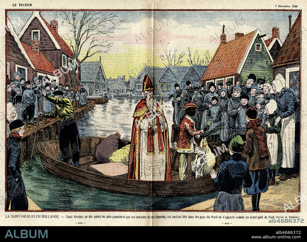 'La Saint-Nicolas en Hollande'. SAINT NICOLAS et son valet PIERRE le NOIR. Illustration par DAMBLANS (1865-1945) pour Le Pelerin du 7 decembre 1930. Credit : Collection KHARBINE-TAPABOR.