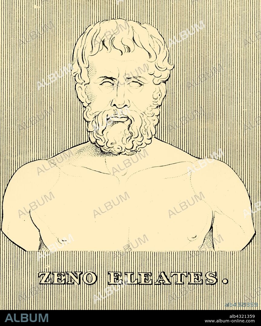 'Zeno Eleates',  (c495-430 BC), 1830. Zeno of Elea (c495-430 BC) pre-Socratic Greek philosopher of the Eleatic School founded by Parmenides, known for his paradox and credited for laying the foundations of modern Logic. From "Biographical Illustrations", by Alfred Howard. [Thomas Tegg, R. Griffin and Co., J. Cumming, London, Glasgow and Dublin, 1830].