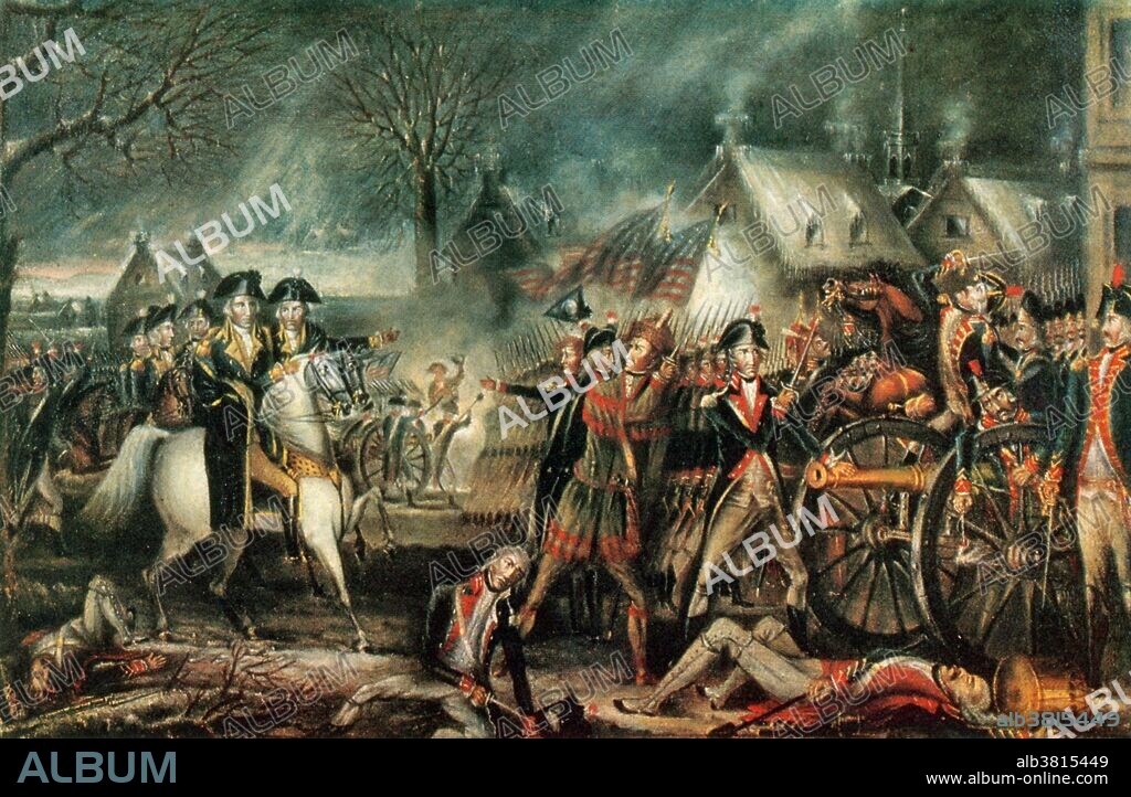 The Battle of Trenton took place on December 26, 1776, during the American Revolutionary War, after General George Washington's crossing of the Delaware River north of Trenton, New Jersey. The hazardous crossing in adverse weather made it possible for Washington to lead the main body of the Continental Army against Hessian soldiers garrisoned at Trenton. After a brief battle, nearly the entire Hessian force was captured, with negligible losses to the Americans. The battle significantly boosted the Continental Army's flagging morale, and inspired re-enlistments. General George Washington, on the white charger, is conferring with General Nathaniel Greene as the mortally injured Hessian, Colonel Johann Rall, falls from his horse.
