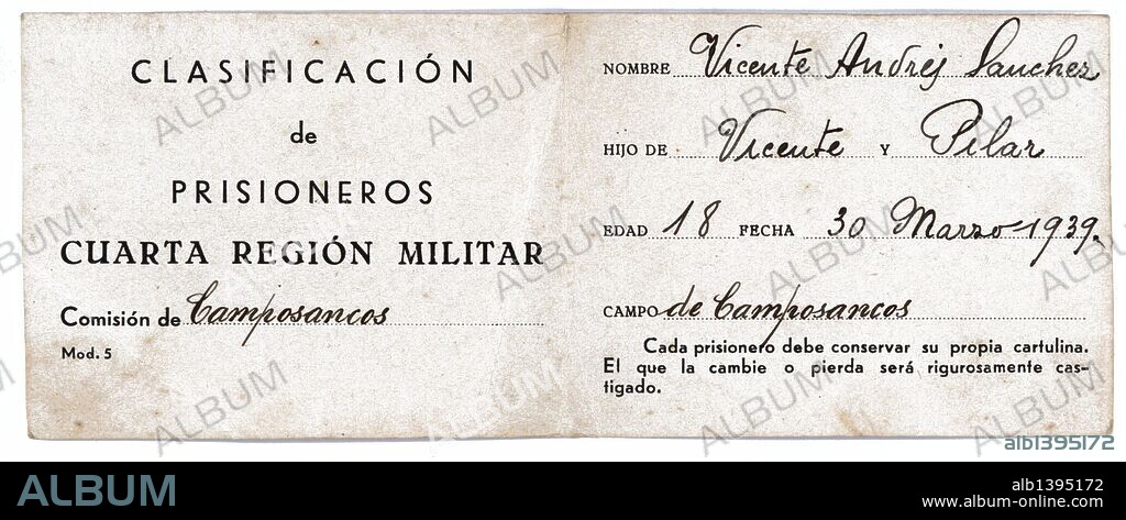 Carnet personal de clasificación de prisioneros de la cuarta región militar, campo de concentración de Camposancos (Pontevedra) expedido el 30 de marzo de 1939.