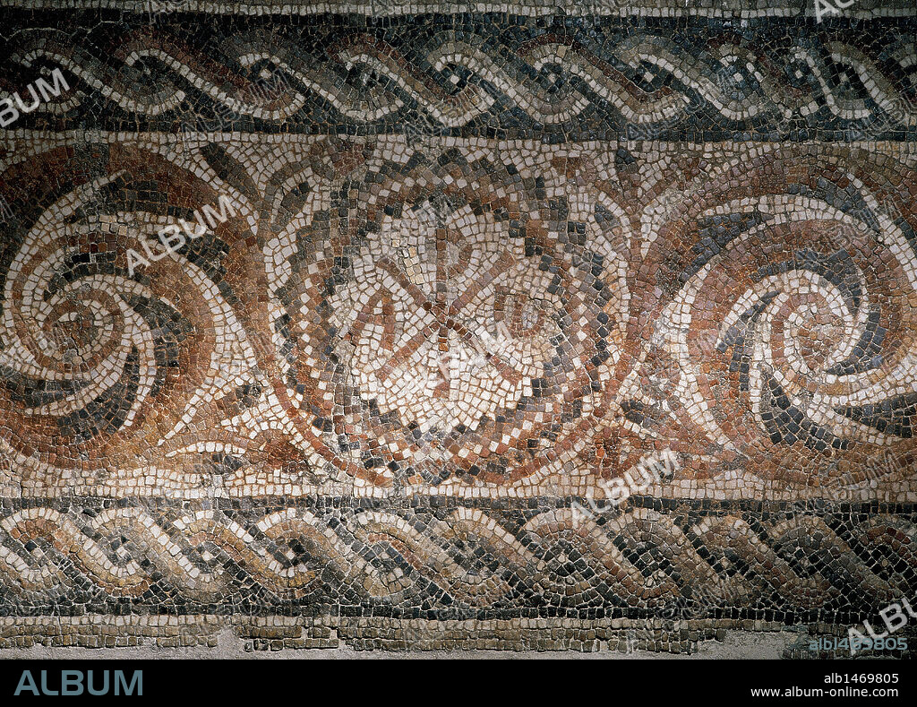Roman mosaic depicting the Chi-Rho symbol with alpha and omega. Found in Barcelona. Museum of History. Barcelona. Spain.