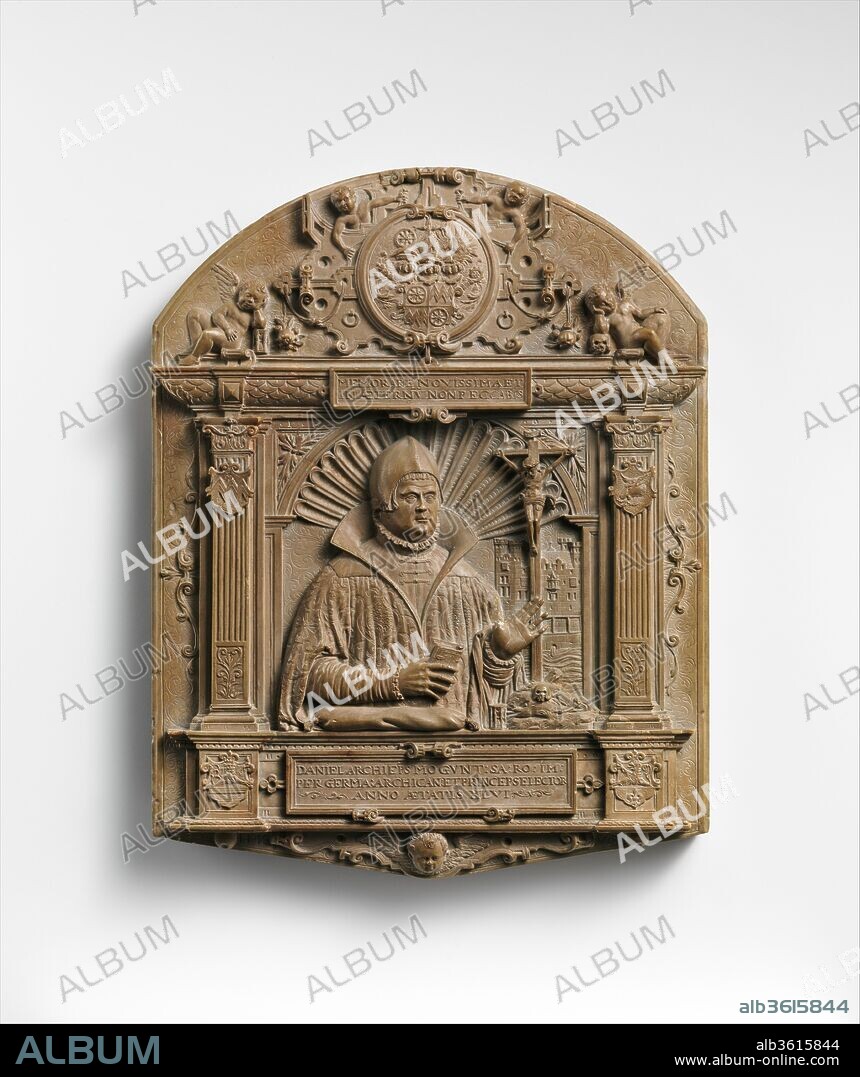 Daniel, Archbishop of Mainz. Artist: Master HKVB. Culture: Southern German or Middle Rhenish. Dimensions: Overall (confirmed): 6 7/8 × 5 × 5/8 in. (17.5 × 12.7 × 1.6 cm). Date: 1568.
The subject, Daniel Brendel of Homberg, archchancellor of the Holy Roman Empire for Germany, was prince elector and archbishop of Mainz and primate of the Roman Catholic Church of the countries north of the alpine mountains from 1555 to 1582. The inscription mentions that he was forty-six years old when this portrait was made and serves as a reminder of a faithful life by citing an abbreviated version of the Latin Bible: "In omnibus operibus tuis memorare novissima tua, et in aeternum non peccabis" (In all thy works be mindful of thy last end and thou wilt never sin; Eccles. 7:40). The disposition of the relief reflects a large-scale wall epitaph or memorial en miniature. The object may have been a trial piece to test the artist's talents and to serve as a model for a later tomb project. The archbishop likely kept this unusually designed miniature portrait in his personal Kunstkammer in the Martinsburg in Mainz on the Rhine, which may be identified as the building in the distance at right.