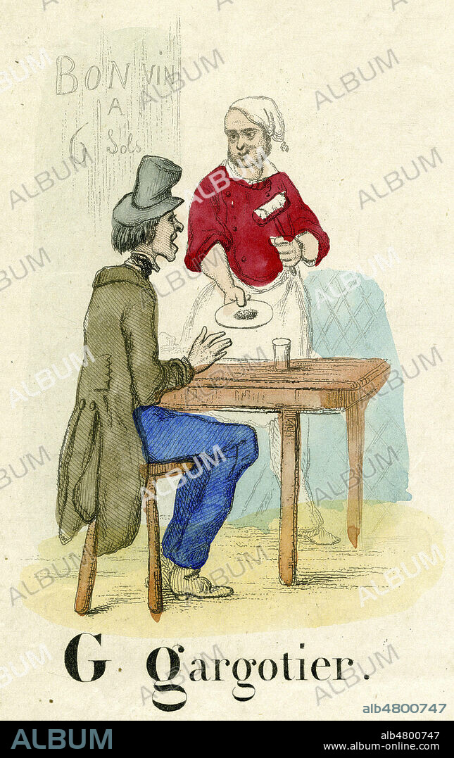 'G = gargotier'. Detail d'un abecedaire, alphabet des metiers. Imagerie populaire mi 19eme siecle. Illustration anonyme pour une gravure. Credit : Collection IM/KHARBINE-TAPABOR.