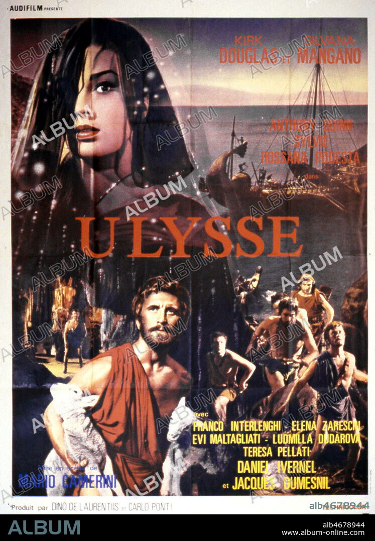 Affiche de CINEMA, ULYSSE , film de Mario CAMERINO, 1953 production LUXFILMS avec Kirk Douglas et Silvana Mangano. Credit COllection privee PERRON/ KHARBINE TAPABOR.