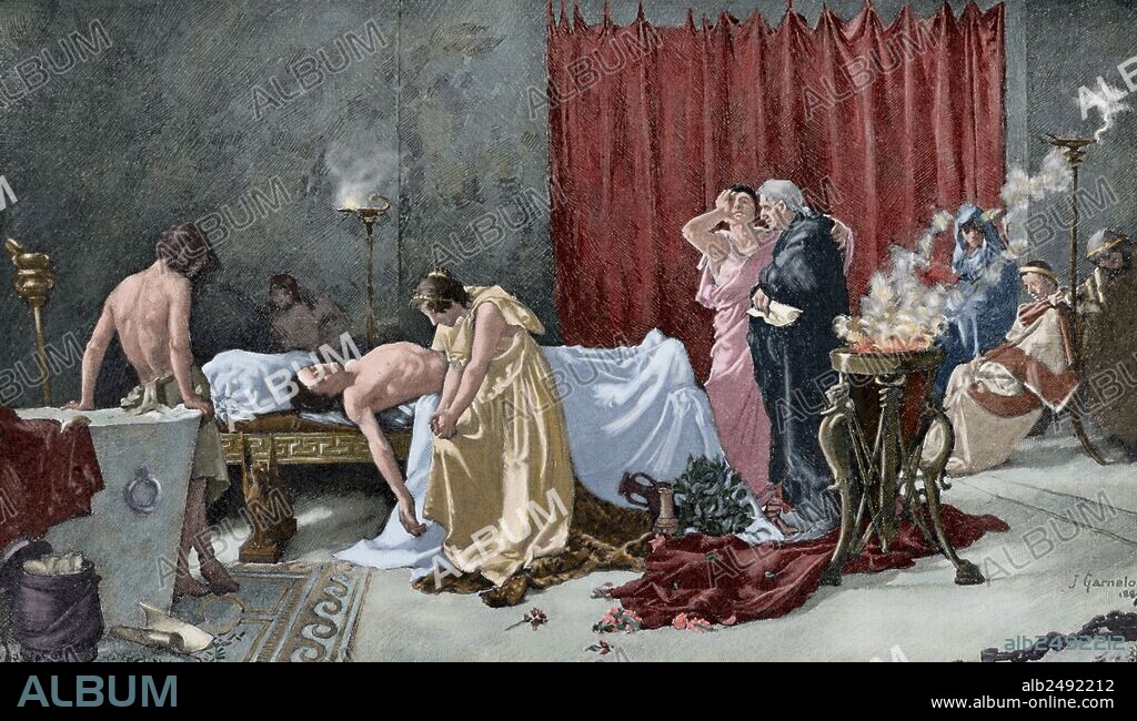 MARCO ANNEO LUCANO (39-65). Poeta romano nacido en La Hispania. "LA MUERTE DE LUCANO". Grabado por Waloy. "La Ilustración Ibérica", 1888. Coloreado.