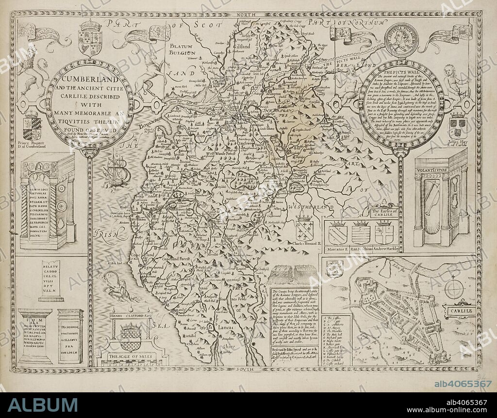 Map of Cumberland. A collection of 37 Maps of the counties of England. London. H. Overton, 1714. A collection of 37 Maps of the counties of England, being reprints, of J. Speedâ€™s maps, by Henry Overton, together with those of P. Stent reprinted by John Overton, and maps of Derbyshire and Yorkshire engraved by S. Nicholls. Source: Maps.145.c.9 34. Language: English.