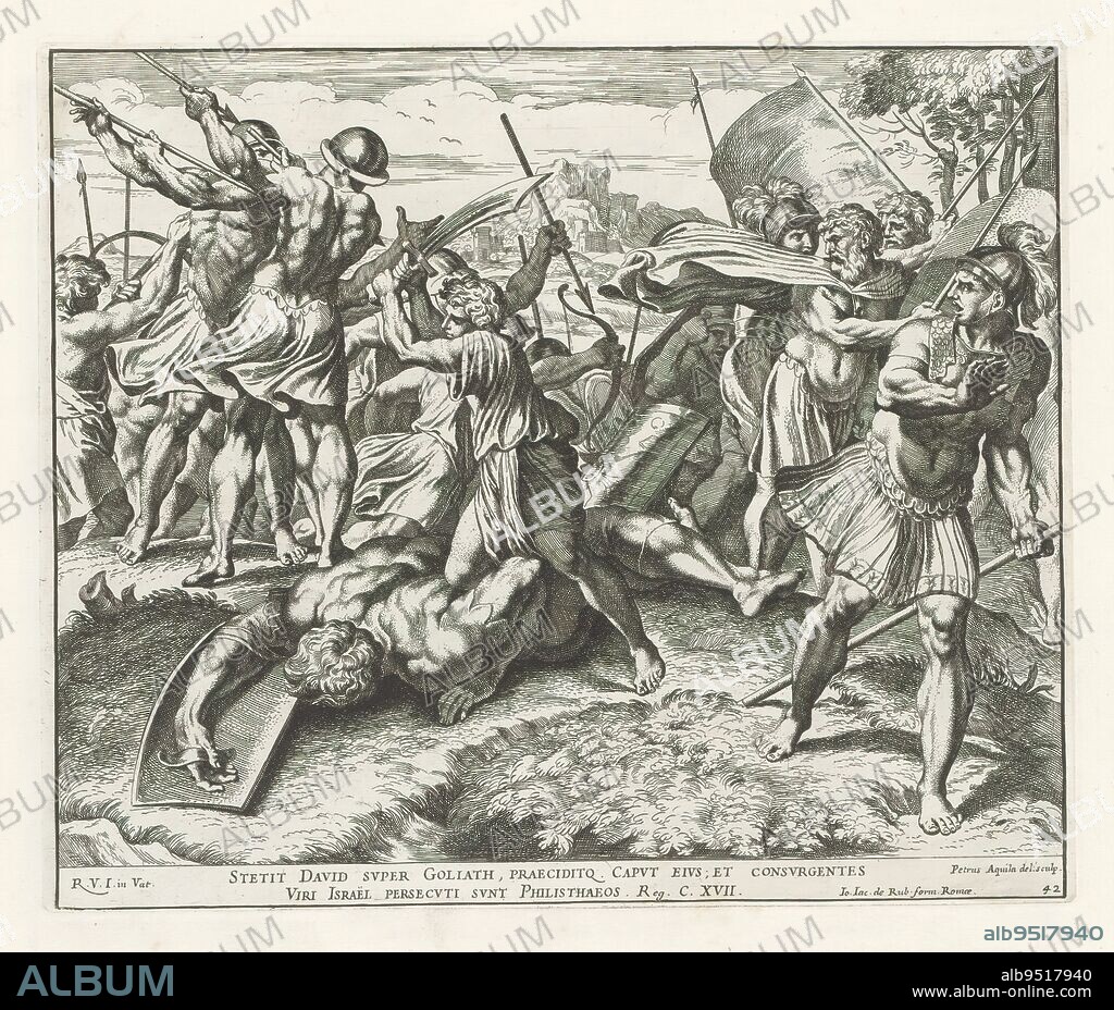 David beheads Goliath, Raphael Bible (series title), Paintings in the Loggia of Raphael (series title), Imagines Veteris ac Novi Testamenti (series title), Goliath lies on the ground. David stands over him and raises Goliath's sword above his head, ready to behead him. On the right, the Philistines flee, while Saul's soldiers give chase. Bible verse below the image. Print is part of an album., print maker: Pietro Aquila, (mentioned on object), after drawing by: Pietro Aquila, (mentioned on object), after painting by: Rafaël, (mentioned on object), print maker: Italy, after drawing by: Italy, after painting by: Vaticaanstad, publisher: Rome, Vaticaanstad, 1675, paper, etching, height 242 mm × width 290 mm.