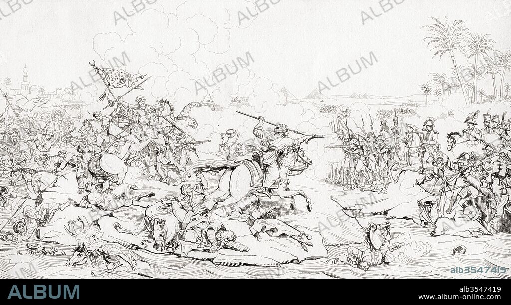 The Battle of the Pyramids, aka the Battle of Embabeh, July 21, 1798, between the French army in Egypt under Napoleon Bonaparte, and forces of the local Mamluk rulers. After the painting by Horace Vernet. From a 19th century Life of Napoleon.