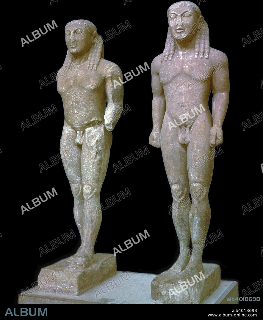 Kouroi of Kleobis and Biton, in Archaic style. The statues are not, in fact, naked - they are wearing sandals, 6th century BC.