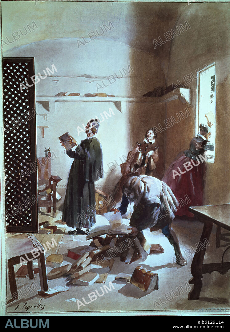 JOSÉ SEGRELLES. ESCENA QUIJOTE-CAP VI:QUEMA DE LIBROS POR EL CURA,BARBERO,EL AMA Y SOBRINA.