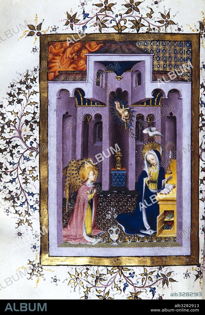 Libro de horas de Santa Clara, de Bernat Martorell. Anunciación. C. 1430-1435. Temple sobre vitela. Procedenet del Convento de santa Clara de Barcelona. Arxiu Històric de la Ciutat de Barcelona,.