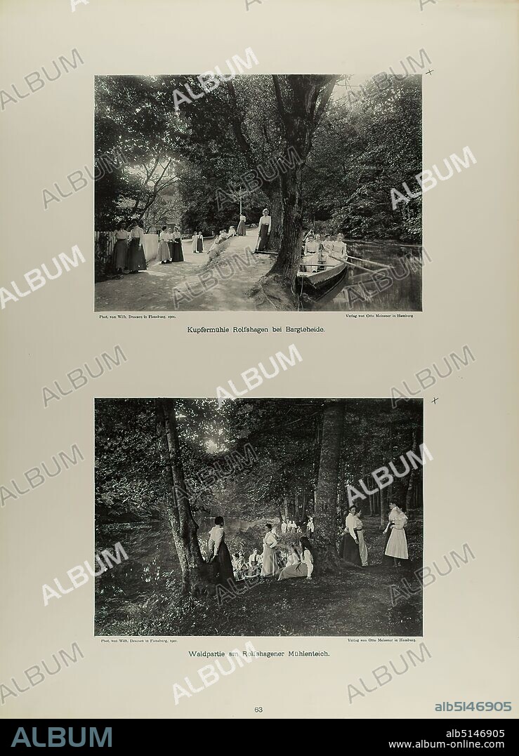 Wilhelm Dreesen, Otto Meissner, Copper Mill Rolfshagen near Bargteheide and part of the forest at the Rolfshagen mill pond from the portfolio New picturesque pictures of the Free and Hanseatic City of Hamburg and its surroundings, State Picture Gallery Hamburg, Collection on the history of photography, paper, collotype, Total: Height: 48,00 cm; Width: 35,00 cm, inscribed: recto u. Photographer, Publisher and title, travel photography, landscape photography, landscape with plants, mill, pond, pool, forest, enjoying nature, rowing boat, canoe, woman, Sattenfelde (district).