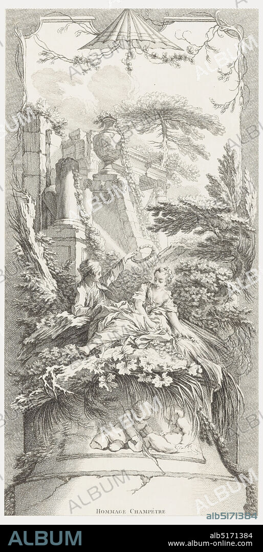 Hommage Champètre (Pastorale), from Nouveaux morceaux pour des Paravants (New Designs for Screens), François Boucher, French, 1703 1770, Claude Augustin Duflos, French, 17001786, Nicolas de Larmessin IV, French, 1684 - 1755, Etching and engraving on white laid paper, Vertical panel design with a pagoda motif, top center, an architectural ruin showing the capital of a column, an urn, a broken column, interspersed with garlands and leaves. In the central scene a young man is about to lay a wreath of flowers upon the head of a young woman who is reclining amongst bushes, leaves, and branches. Two putti appear below., France, 1740, ornament, Print, Print.