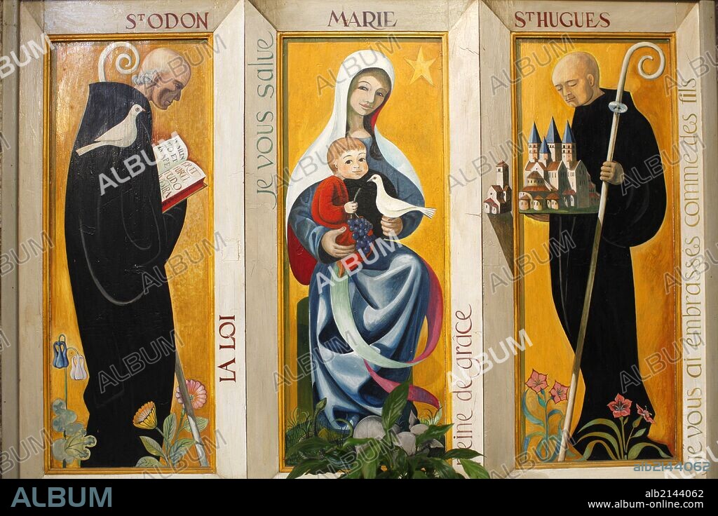 Art work in Notre-Dame church, Cluny, Virgin and child surrounded by St Odon & St Hugues (patron saints of the church).
