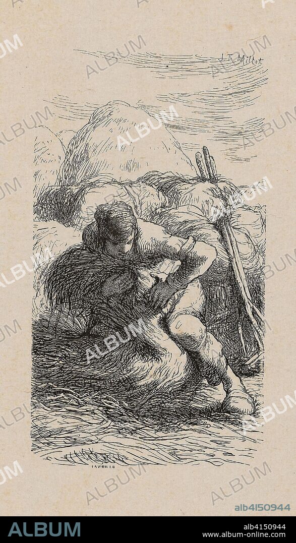 Sheaf-Binder. Jacques Adrien Lavieille (French, 1818-1862); after Jean François Millet (French, 1814-1875). Date: 1853. Dimensions: 132 × 74 mm (image); 183 × 131 mm (primary support); 270 × 219 mm (secondary support). Wood engraving in black on gray China paper, laid down on ivory wove paper (chine collé). Origin: France.