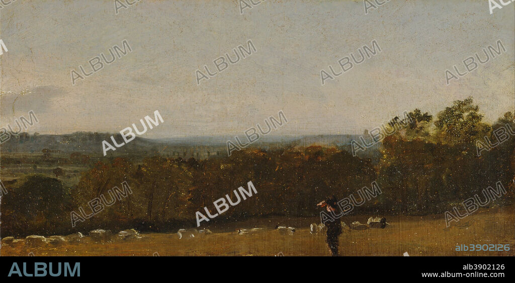 JOHN CONSTABLE. A Shepherd in a Landscape looking across Dedham Vale towards Langham. Date/Period: Ca. 1811. Painting. Oil on paper laid on canvas. Height: 149 mm (5.86 in); Width: 292 mm (11.49 in).