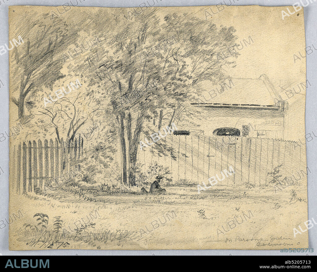 E. F. Miller in Parson's Garden, Columbus, Ohio, James Henry Moser, Canadian, 18541913, Graphite on paper, Man sitting under an elm tree, center, by a high plank fence, right, and a picket fence, left. Garage beyond, right. Notes below identify man as E. F. Miller, artist, in Parson's garden., Columbus, Ohio, USA, July 12, 1875, landscapes, Drawing, Drawing.