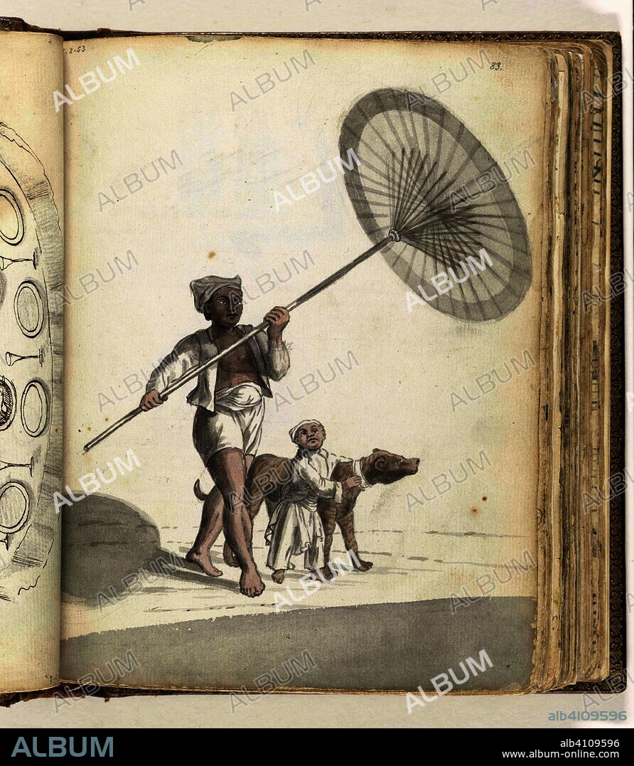 Slave with an Indonesian Parasol (pajoeng), Child and Dog. Draughtsman: Jan Brandes. Dating: 23-Jan-1779 - 26-Aug-1785. Place: Jakarta. Measurements: h 195 mm × w 155 mm.