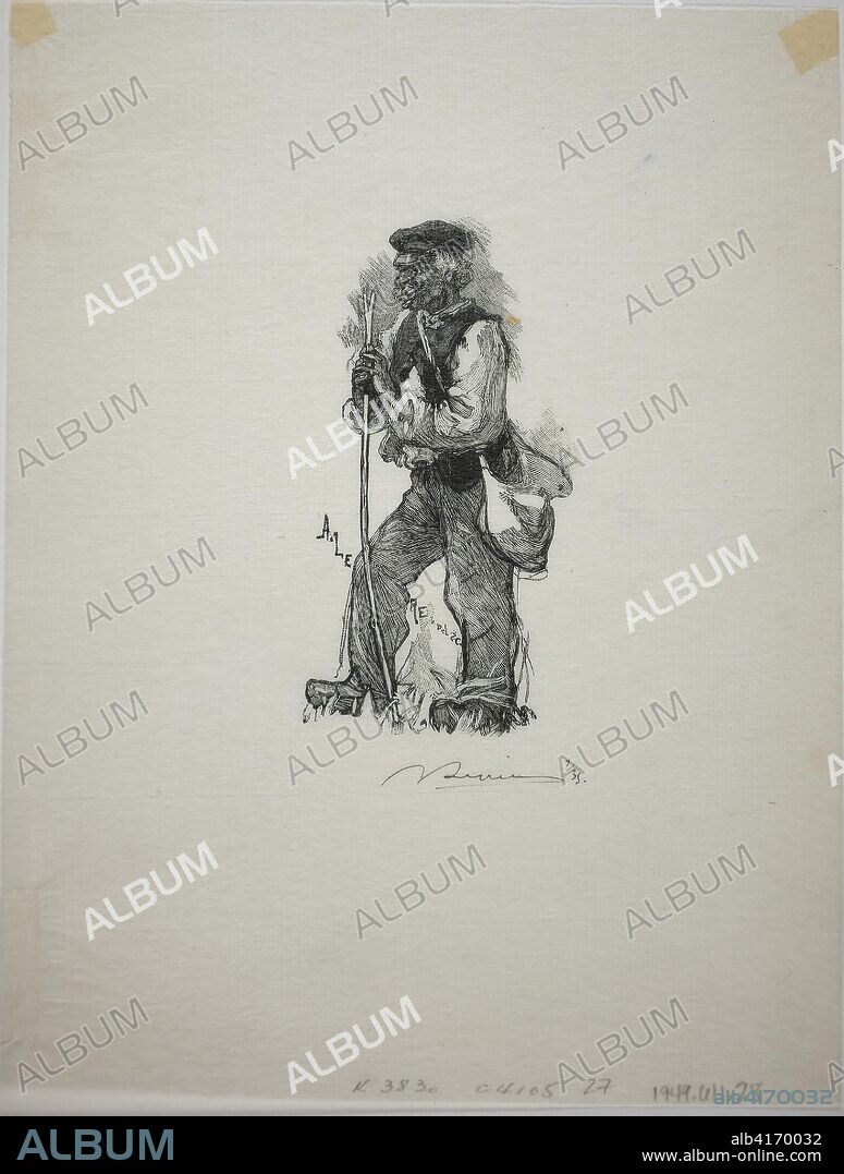 LOUIS AUGUSTE LEPERE. Snake Hunter. Louis Auguste Lepère (French, 1849-1918); published by A. Desmoulins (French, active c. 1908-1910). Date: 1908. Dimensions: 91 × 48 mm (image); 195 × 149 mm (sheet). Wood engraving in black on cream laid Japanese paper. Origin: France.