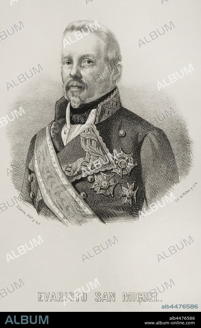 Evaristo Fernández de San Miguel (1785-1862). Noble, militar, político e historiador español, duque de San Miguel. Dibujo por Lanta. Litografía. Crónica General de España, Historia Ilustrada y Descriptiva de sus Provincias. Tomo Asturias y León, 1867. Biblioteca Histórico Militar de Barcelona, Cataluña, España.