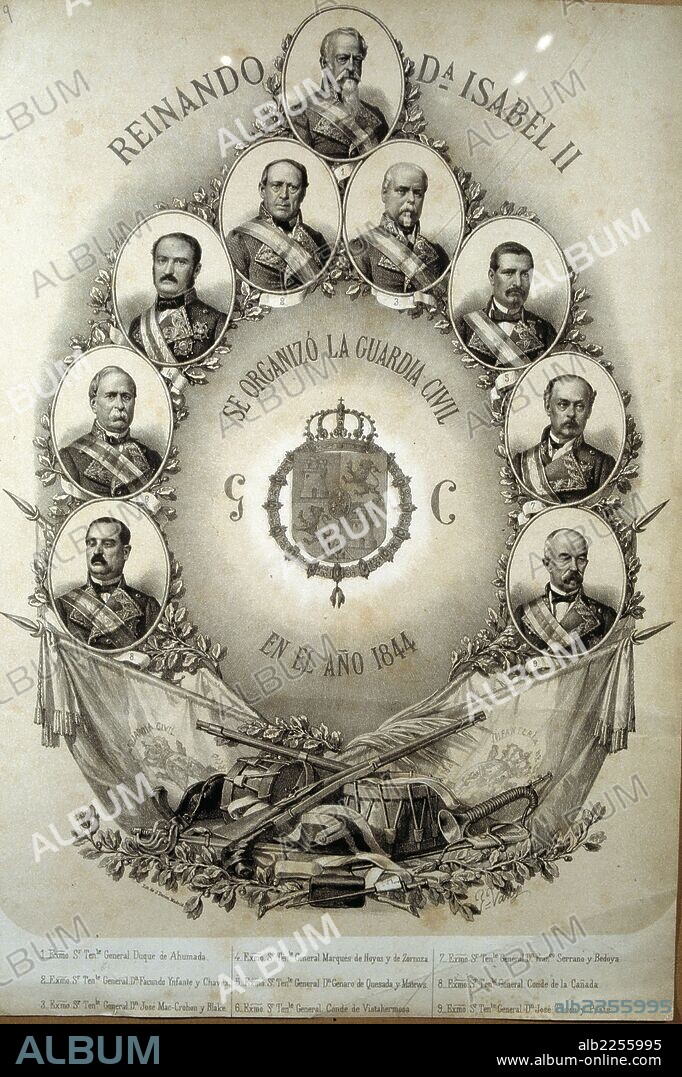 RETRATO DE LOS FUNDADORES DE LA GUARDIA CIVIL EN EL AÑO 1844 PRESIDIDOS POR EL DUQUE DE AHUMADA. GRABADO DEL MUSEO MUNICIPAL. MADRID.