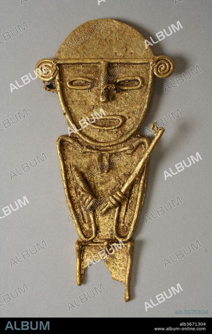 Male Figure (tunjo). Culture: Muisca. Dimensions: H. 4 1/2 x W. 2 1/4 x D. 3/8 in. (11.4 x 5.7 x 1cm). Date: 10th-16th century.