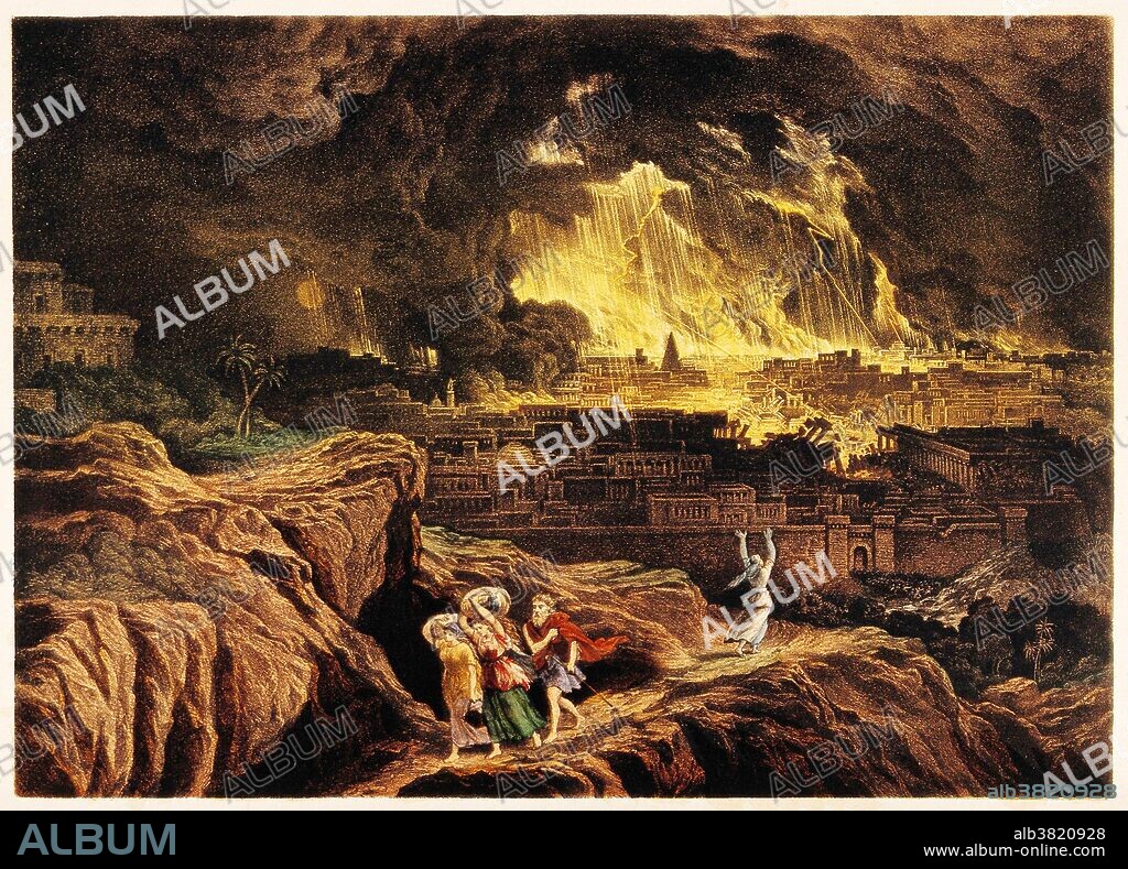 Lot and his family fleeing Sodom and Gomorrah as the cities burn. Lot's wife turns to face the terrible scene and is turned into a pillar of salt. Colored lithograph by John Martin. Sodom and Gomorrah were cities mentioned in the Book of Genesis and throughout the Hebrew Bible, the New Testament and in deuterocanonical sources, as well as in the Qur'an. Divine judgment by God was passed upon Sodom and Gomorrah and two neighboring cities, which were completely consumed by fire and brimstone. In Abrahamic religions, Sodom and Gomorrah have become synonymous with impenitent sin, and their fall with a proverbial manifestation of divine retribution.
