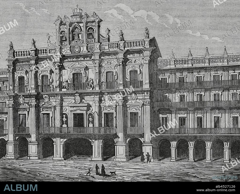 España. Salamanca. Plaza Mayor. Construida en estilo barroco entre 1729 y 1756 por Alberto Churriguera. Vista del Ayuntamiento, realizado por Andrés García de Quiñones. Grabado. Crónica General de España, Historia Ilustrada y Descriptiva de sus Provincias. Tomo Asturias y León, 1867. Biblioteca Histórico Militar de Barcelona, Cataluña, España.
