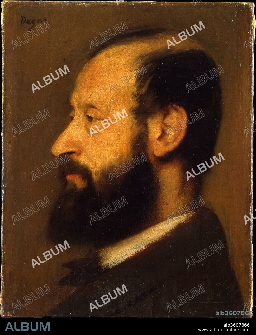 Joseph-Henri Altès (1826-1895). Artist: Edgar Degas (French, Paris 1834-1917 Paris). Dimensions: 9 7/8 x 7 7/8 in. (25.1 x 20 cm); with added strips 10 5/8 x 8 1/2 in. (27 x 21.6 cm). Date: 1868.
This profile view of the first flutist and concertmaster of the Paris Opéra, Joseph-Henri Altès, is one of Degas's many portraits of musicians. As a "little joke," Lousine Havemeyer, who originally owned the painting, hung it between two Renaissance portraits and was quite pleased to find that "the modern master held his own.".