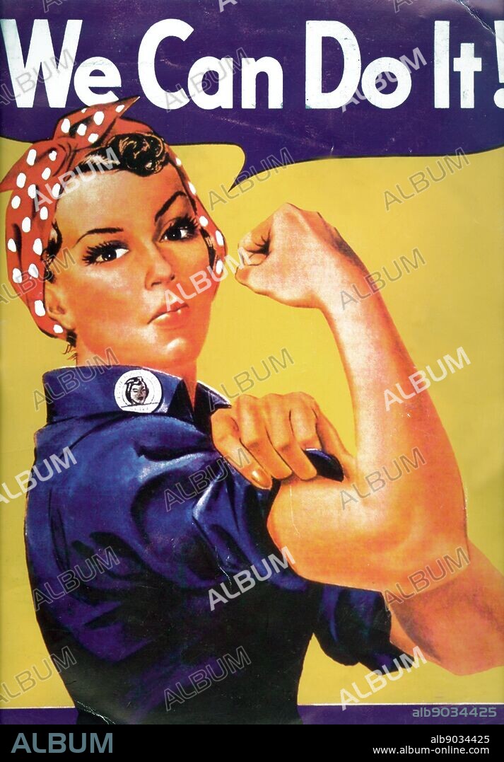 Rosie the Riveter, 1942 World War II Poster. We Can Do It! Vintage World War II poster by J. Howard Miller. Rosie the Riveter is a cultural icon of the United States.