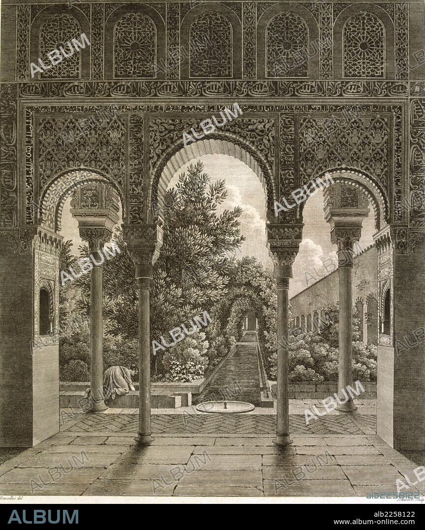 GRANADA. LA ALHAMBRA. EL GENERALIFE. JARDIN DEL JENERALIFE. DIBUJO DE WAUXELLES. GRABADO DEL SIGLO XIX.