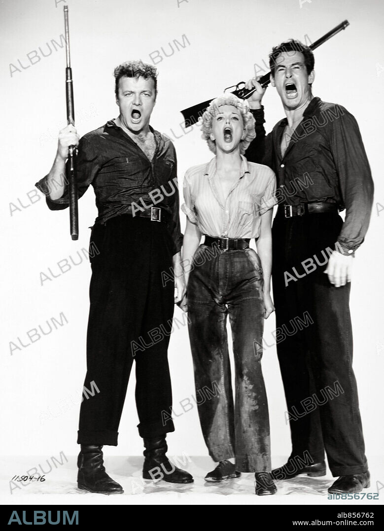 BRIAN KEITH, JAN STERLING and ROBERT RYAN in ALASKA SEAS, 1954, directed by JERRY HOPPER. Copyright PARAMOUNT PICTURES.