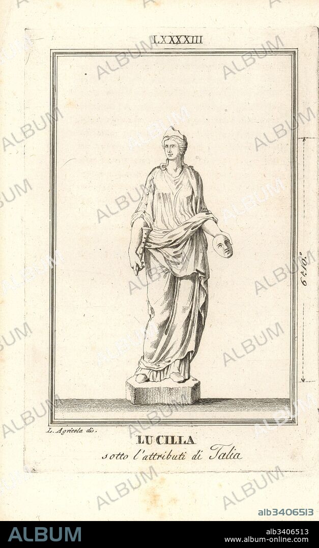 Lucilla, daughter of Roman Emperor Marcus Aurelius, with trumpet and mask, the attributes of Thalia, muse of comedy. Copperplate engraving after an illustration by L. Agricola from Pietro Paolo Montagnani-Mirabili's Il Museo Capitolino (The Capitoline Museum), Rome, 1820.