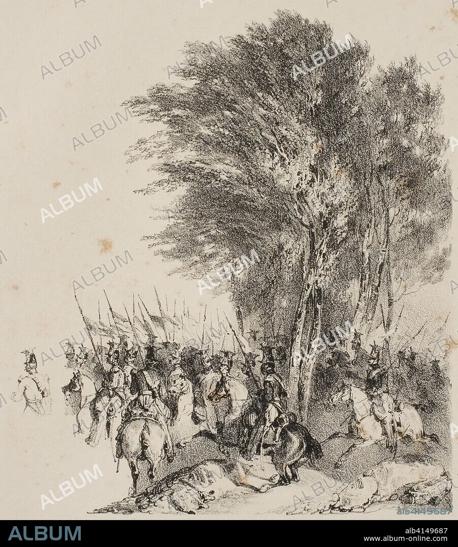 Lancers on the March. Nicolas Toussaint Charlet (French, 1792-1845); printed by François le Villain (French, active early 19th century). Date: 1831. Dimensions: 128 × 112 mm (image); 275 × 362 mm (sheet). Lithograph in black on ivory wove paper. Origin: France.