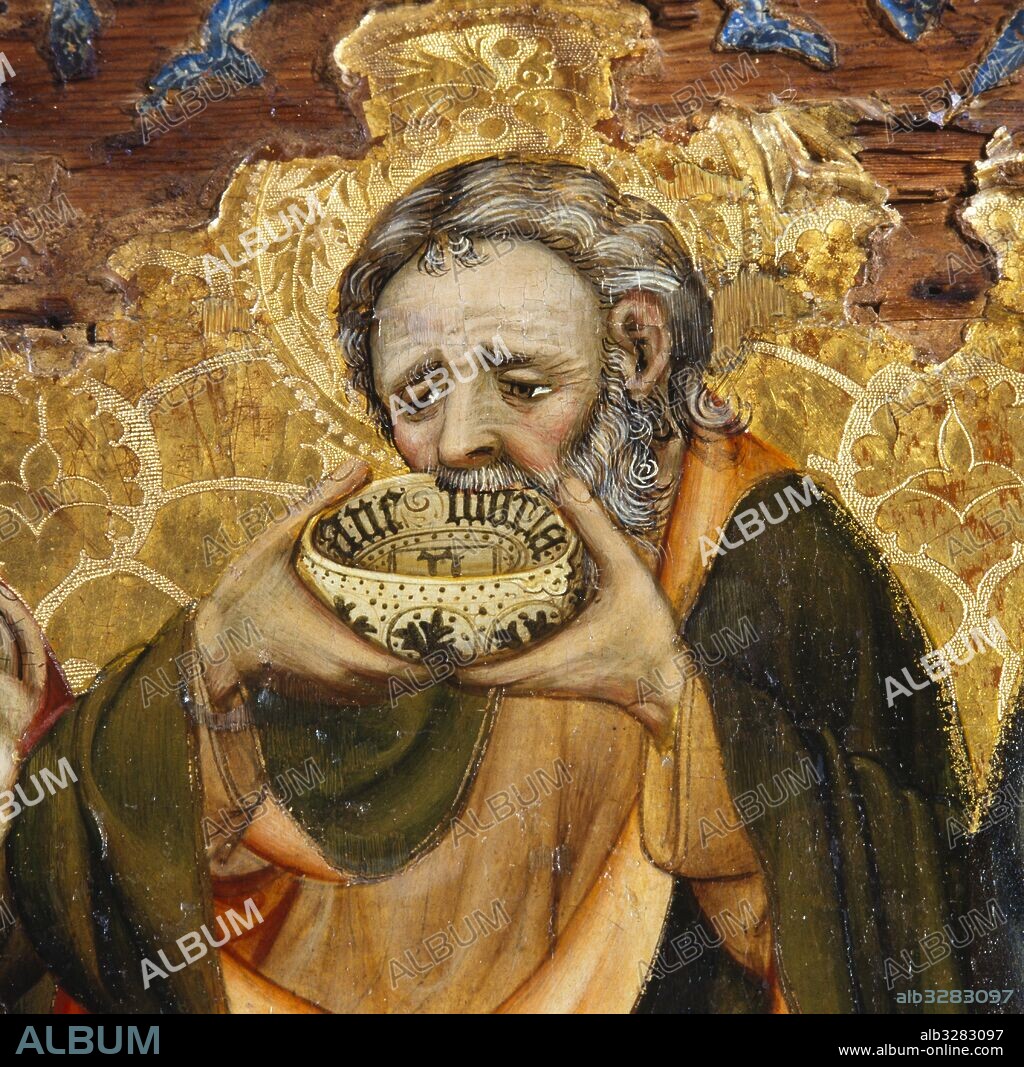 JAUME FERRER I. Santa Cena. Retablo. Detalle de un apóstol. Hacia 1450.Se observa la presencia de Maria Magdalena en el centro, con áurea y en la misma postura que San Juan Evangelista. Pintura al temple sobre madera.  115 x 327 x 8,5 cm. Procede de la iglesia de Santa Constança de Linya, Navès (el Solsonès). Museu Diocesà i Comarcal de Solsona.