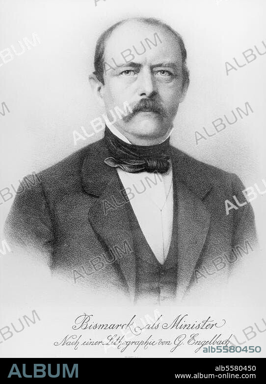 GEORG ENGELBACH. Bismarck, Otto von, 1815 - 1898, conservative Prussian statesman who dominated German and European affairs from the 1860s until 1890 and was the first Chancellor of the German Empire between 1871 and 1890. Bismarck as Prussian prime minister. Lithograph by G. Engelbach, 1863.