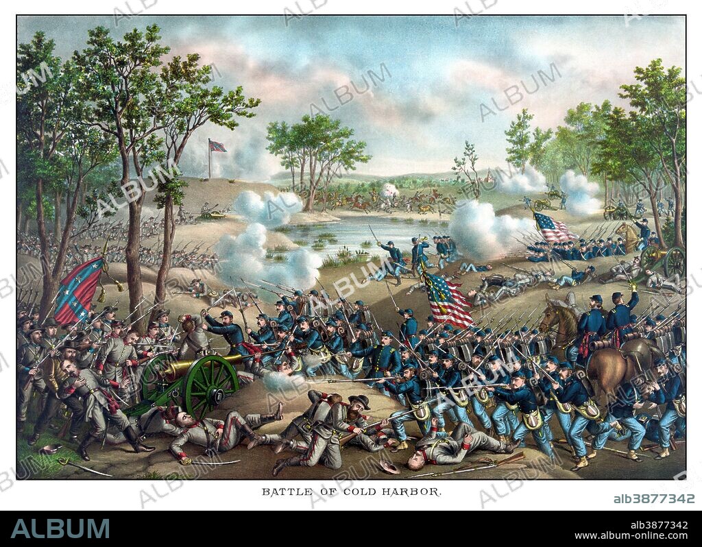 Vintage Civil War print of the Battle of Cold Harbor. Cold Harbor took place June 1864, between the armies General Grant and General Lee. It was a bloody battle and a lopsided victory for the Confederacy.