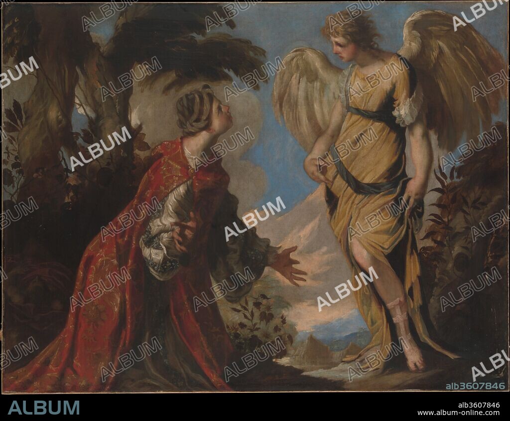 Hagar and the Angel. Artist: Francesco Maffei (Italian, Vicenza 1605-1660 Padua). Dimensions: 41 3/4 x 54 in. (106 x 137.2 cm). Date: ca. 1657.
Maffei, who lived and worked in the cities of Vicenza and Padua, was profoundly influenced by the art of Bassano, Tintoretto, and Veronese, his Venetian predecessors. His style is characteristic for its elegance, far removed from realism. This scene from the Biblical book of Genesis shows the angel appearing to Hagar. Having been banished by Abraham to the desert with her infant Ishmael, she is saved by a heavenly creature who directs her to a spring of water.