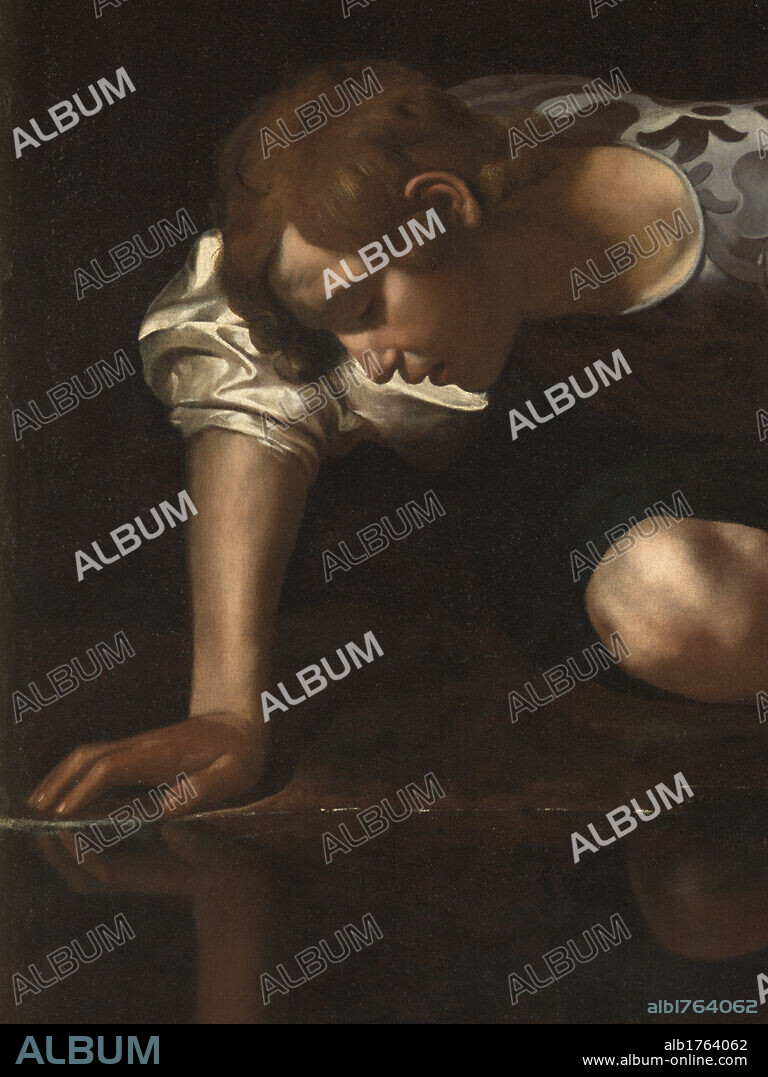 Narcissus, by Michelangelo Merisi known as Caravaggio, 1599-1600, 16th Century, oil on canvas, cm 118 x 99. Italy, Lazio, Rome, National Gallery of Ancient Art, Palazzo Barberini. The myth of Narcissus is narrated in different literary versions as well as in the Metamorphosis by Ovid. Detail. Young Narcissus in a white shirt and a damasked damask jacket looks at his reflection in the water, darkness., photographic campaign 2009. Authorization required for non editorial use.