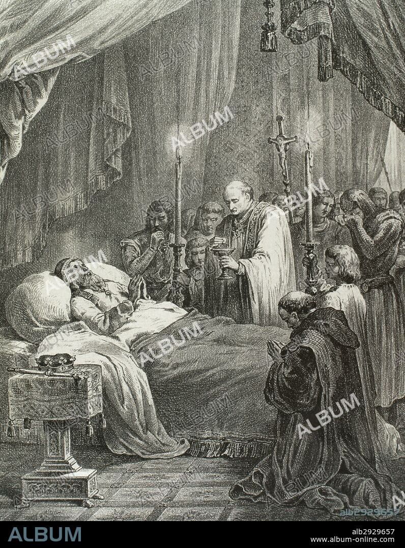 ALFONSO II DE ARAGON y I DE CATALUÑA, "El Casto" (Huesca,1157-Perpiñán,1196). Rey de la Corona de Aragón (1162-1196). Hijo de Ramon Berenguer IV, conde de Barcelona y Petronila, reina de Aragón. "MUERTE DEL REY ALFONSO II EL CASTO". Grabado de "Historia de España Ilustrada", del siglo XIX.