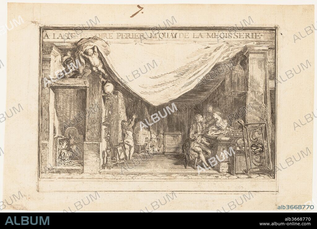 The Shop of M.Périer, Ironwork Merchant. Artist: Gabriel de Saint-Aubin (French, Paris 1724-1780 Paris). Dimensions: sheet: 6 1/8 x 9 1/4 in. (15.5 x 23.5 cm)
image: 4 15/16 x 7 1/8 in. (12.5 x 18.1 cm). Date: 1767.
This design for a business card or an announcement shows an ironmonger's shop as if the façade were removed, presenting the interior as a theatrical tableau. In a setting cluttered with wares, a male customer discusses the merits of a lock with a female employee. This impression is an early, unfinished state on which the artist made certain additions in pen and ink to indicate where he intended to further work the plate.