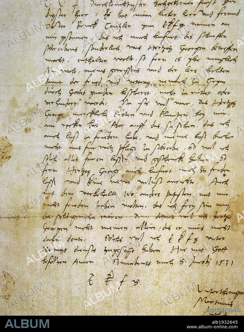 LUTERO, Martin (Eisleben, 1483-1546). Reformador cristiano alemán. Publicó "A la cristiana nobleza de la nación alemana", "La cautividad babilónica de la Iglesia" y "La libertad del cristiano". En estas obras se delineó la Reforma. "CARTA MANUSCRITA DE LUTERO. Fol.4r. (1516-1535). Biblioteca Apostólica Vaticana. Ciudad del Vaticano.