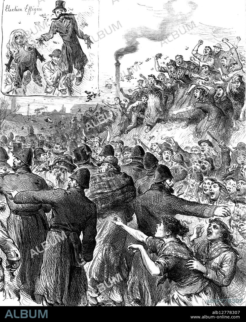The Scotch Elections: polling at Peebles - procession of faggot voters, 1880. Sketch of '...the polling at Peebles, on the Wednesday, for the joint counties of Peeblesshire and Selkirkshire, where some riotous behaviour was displayed. The election was severely contested between Sir Graham Montgomery, the late Conservative member, and Mr. C. Tennant, the Liberal candidate. A party of seventy alleged faggot voters...were ill-treated by a large mob, although escorted by a numerous body of policemen. There had been a shower of rain previously to the arrival of the train, and the unfortunate "faggots" had a great deal of mud thrown at them. Sir Graham Montgomery and his two sons were also mobbed and bespattered with dirt, but although stones were freely thrown about, no serious injuries to persons were reported...In the evening the election of Mr. Tennant, who had obtained thirty-two votes above Sir Graham Montgomery, was celebrated with much rejoicing. There was a torchlight procession, and effigies of some individuals were burnt. Our Sketches at Peebles represent the mobbing and pelting of the faggot voters; and the carrying of two absurd made-up figures, supposed to bear a droll resemblance to gentlemen connected with the less popular party'. From "Illustrated London News", 1880.