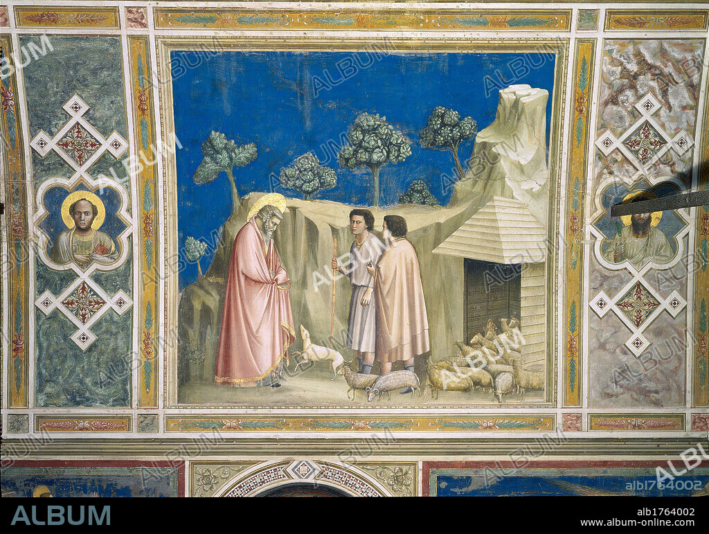 Scenes from the Life of Joachim Joachim among the Shepherds, by Giotto, 1304-1306, 14th Century, fresco, cm 200 x 185. Italy, Veneto, Padua, Scrovegni Chapel. All. Panel scene St Joachim among the shepherds sheepfold sheep landscape plants frame with lobate clypei and half length portraits of Saints.