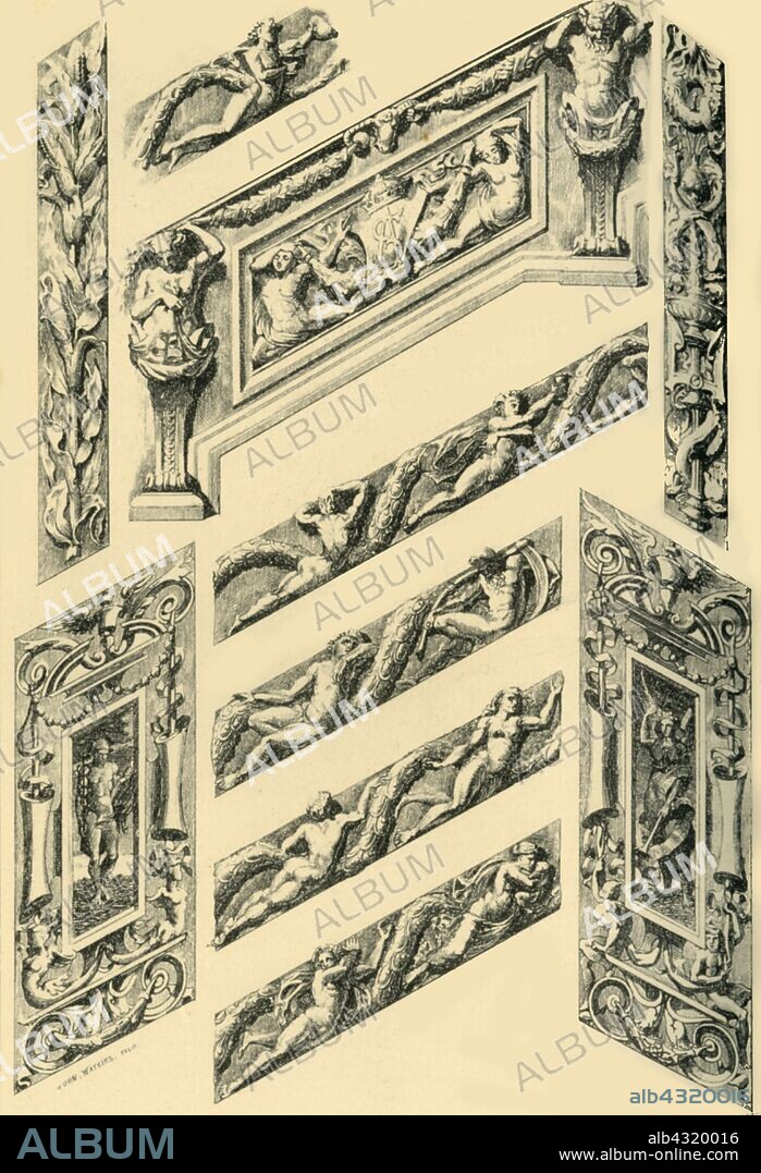 JOHN WATKINS. 'Details of Staircase Decoration', c1870s, (1881). Etching of tiles on the West Staircase, 'leading to the Ceramic Gallery', in the South Kensington Museum in London. The staircase is decorated with Frank Moody's ceramic tile mosaic pavement, and majolica panels on the walls. The Della Robbia ware, a modern version of a Renaissance technique, was produced by the English ceramic company Minton, Hollins & Co. 'The two larger panels are in Mr Colin Minton's vitrified ceramic painting'. From "The South Kensington Museum", a book of engraved illustrations, with descriptions, of the works of art in the collection of the Victoria & Albert Museum (formerly known as the South Kensington Museum). [Sampson Low, Marston, Searle and Rivington, London, 1881].