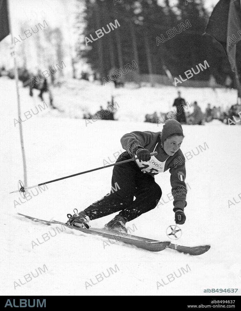 NORGE OSLO 1952-02.. Giuliana Minuzzo, italiensk alpin skidåkare, som tog brons i damernas störtlopp vid de olympiska vinterspelen 1952.. Foto: AB Text & Bilder / SVT / Kod: 5600. Mapp: Oslo-OS 1952: Slalom o. störtlopp för damer I:283K.