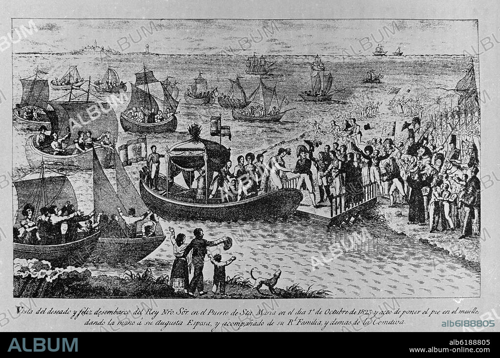 DESEMBARCO DE FERNANDO VII EN EL PUERTO DE SANTA MARIA EL 1 DE OCTUBRE DE 1823 - GRABADO - SIGLO XIX.