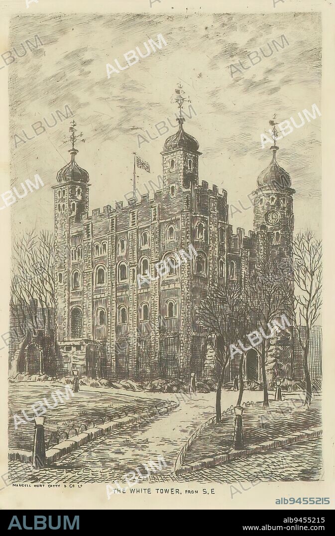 View of the White Tower, The White Tower, from S.E (title on object), Six etchings of the Tower of London (series title), print maker: unknown, (mentioned on object), publisher: Hunt, Catty & Co Mansell, (mentioned on object), London, 1850 - 1949, paper, etching, height 122 mm × width 81 mm.