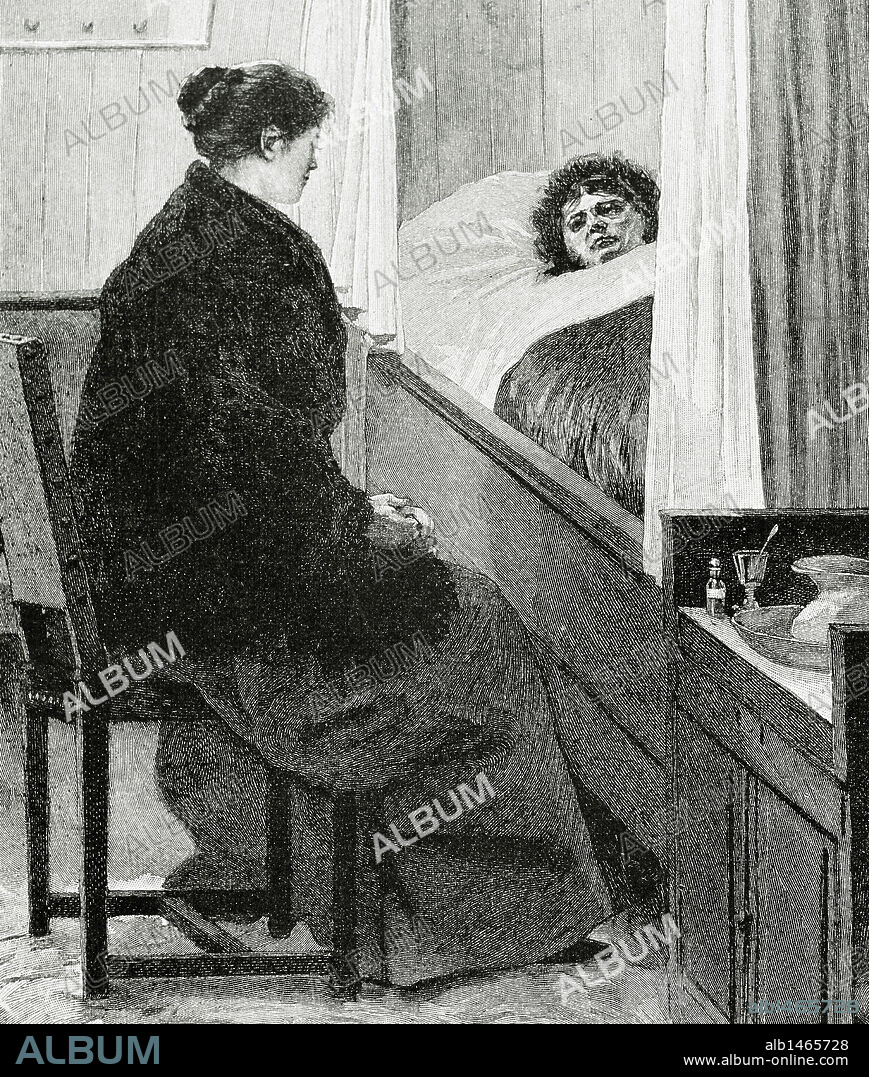 Visiting a sick woman. Engraving of "The Artistic Illustration," 1892.